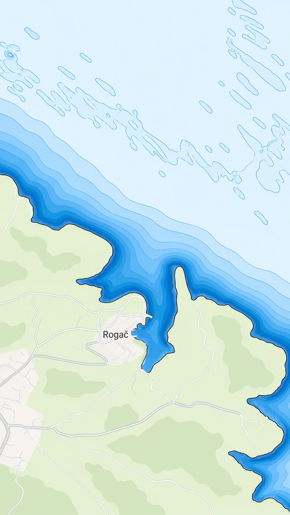 Chart of Rogač and Uvala Kašjun on Šolta: isobaths, the harbour inlet and the village roads